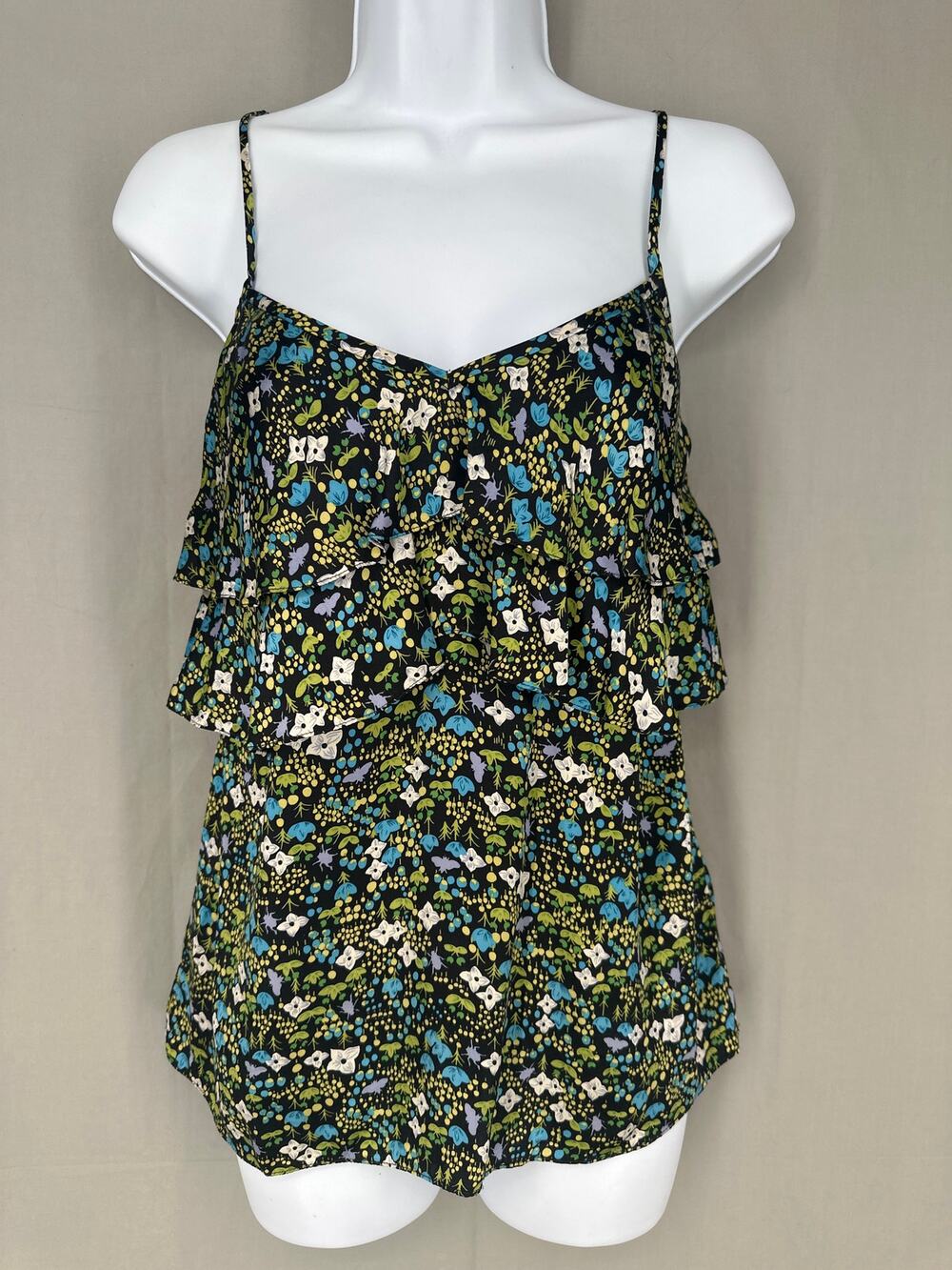 Y2K Vintage Top Women Medium Black Floral Silk Ruffle Cami Boho Cottage Bohemian